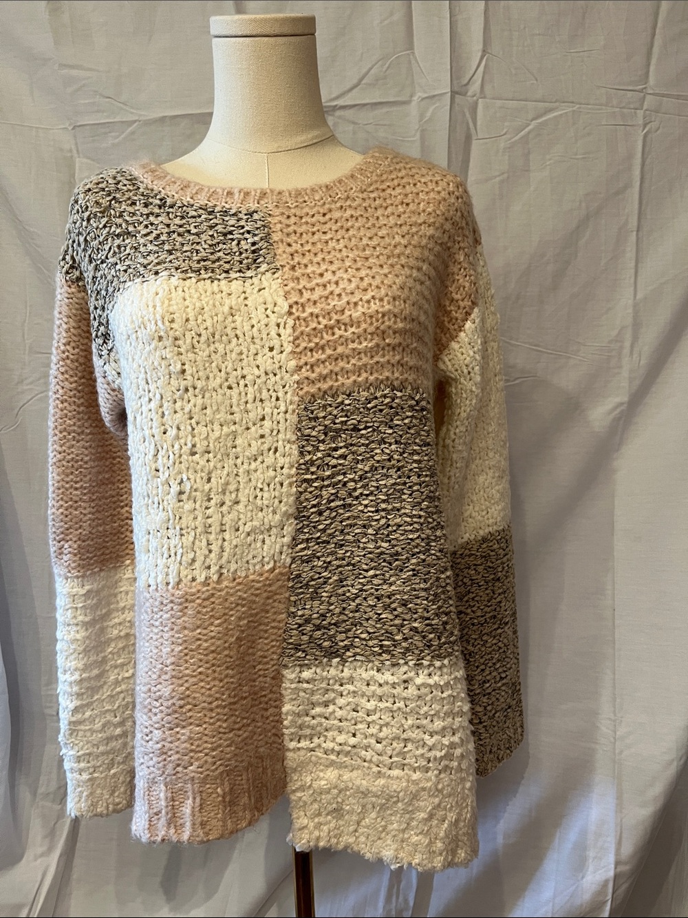 Sundance Patchwork Crewneck Sweater - Cream, Beige & Taupe